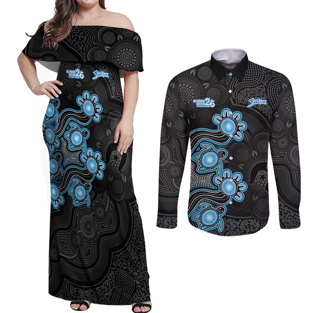 Personalised Adelaide Strikers NAIDOC Week 2026 Couples Matching Off Shoulder Maxi Dress and Long Sleeve Button Shirt Sea Turtles Aboriginal Art