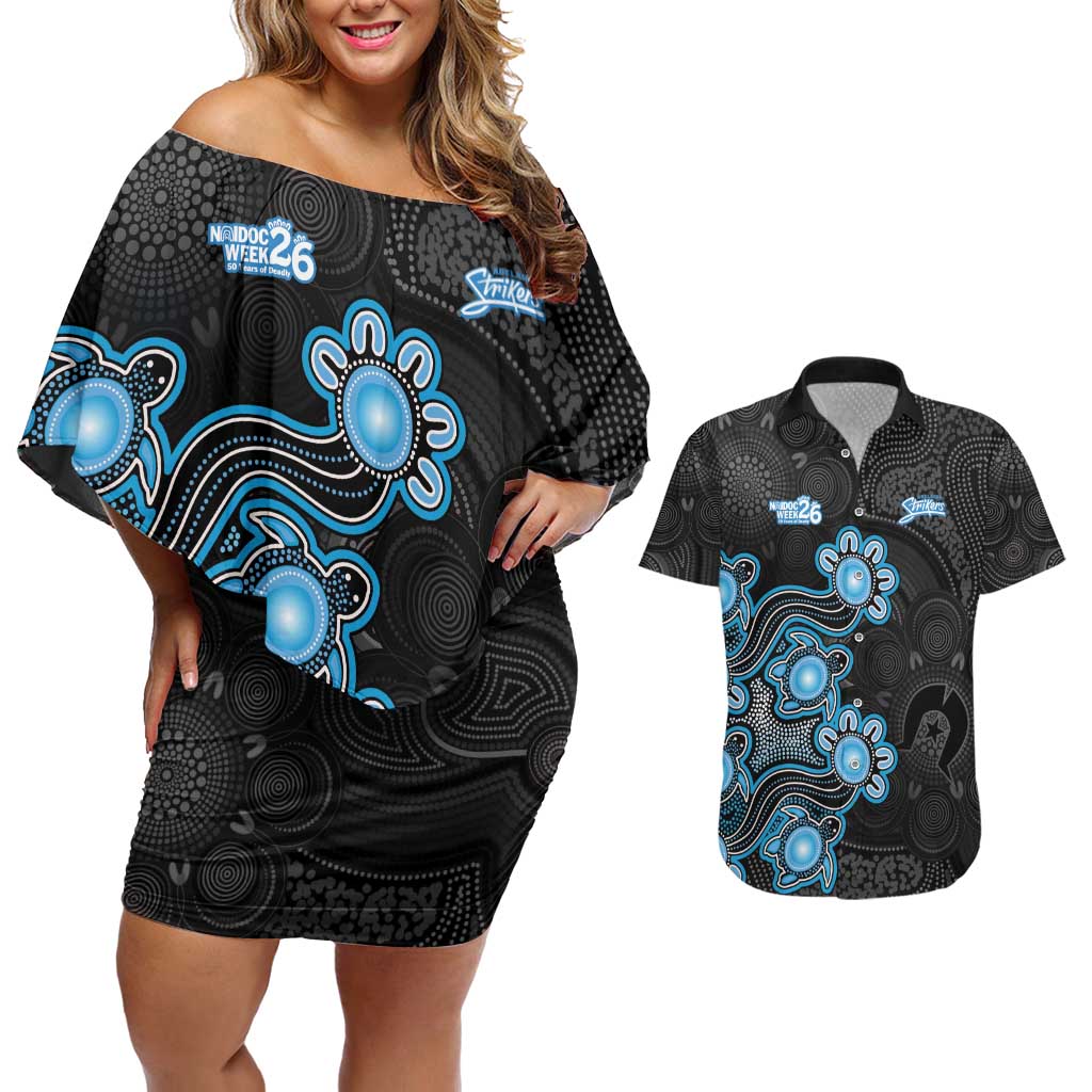 Personalised Adelaide Strikers NAIDOC Week 2026 Couples Matching Off Shoulder Short Dress and Hawaiian Shirt Sea Turtles Aboriginal Art