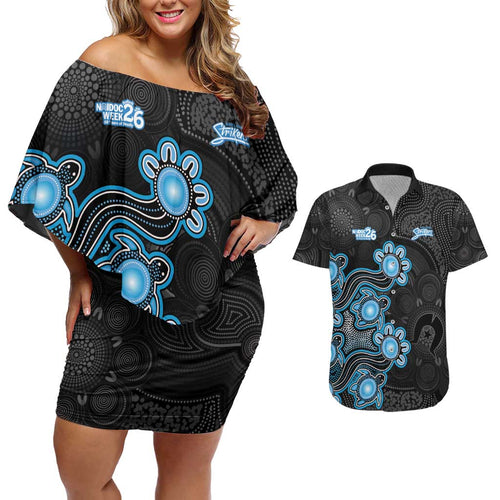 Personalised Adelaide Strikers NAIDOC Week 2026 Couples Matching Off Shoulder Short Dress and Hawaiian Shirt Sea Turtles Aboriginal Art