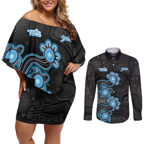 Personalised Adelaide Strikers NAIDOC Week 2026 Couples Matching Off Shoulder Short Dress and Long Sleeve Button Shirt Sea Turtles Aboriginal Art