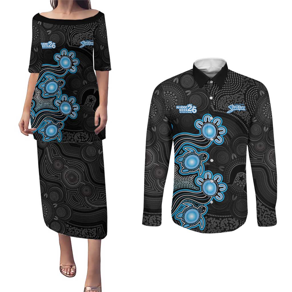Personalised Adelaide Strikers NAIDOC Week 2026 Couples Matching Puletasi and Long Sleeve Button Shirt Sea Turtles Aboriginal Art