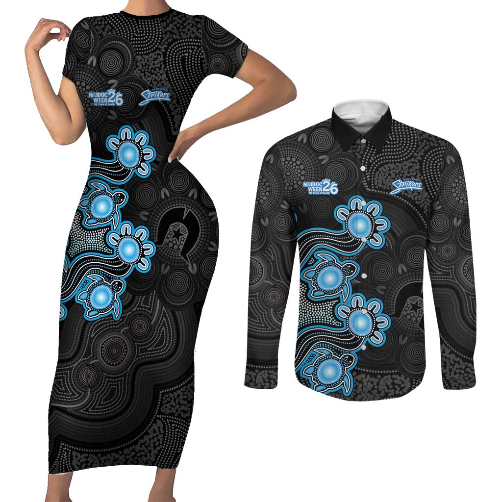 Personalised Adelaide Strikers NAIDOC Week 2026 Couples Matching Short Sleeve Bodycon Dress and Long Sleeve Button Shirt Sea Turtles Aboriginal Art
