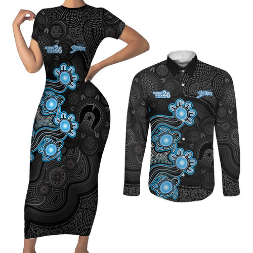 Personalised Adelaide Strikers NAIDOC Week 2026 Couples Matching Short Sleeve Bodycon Dress and Long Sleeve Button Shirt Sea Turtles Aboriginal Art