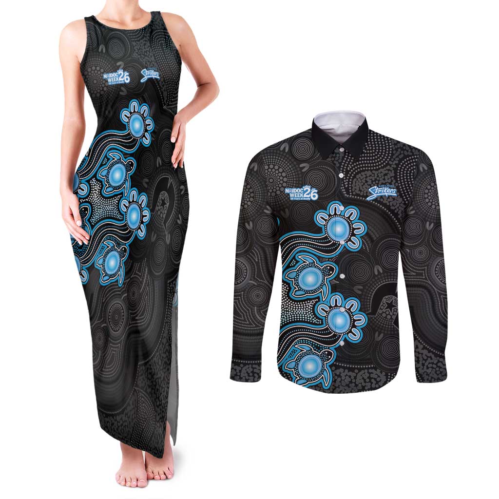Personalised Adelaide Strikers NAIDOC Week 2026 Couples Matching Tank Maxi Dress and Long Sleeve Button Shirt Sea Turtles Aboriginal Art