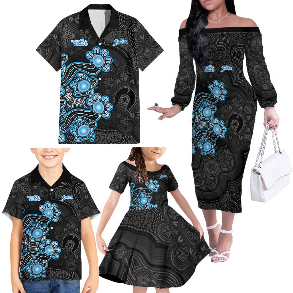 Personalised Adelaide Strikers NAIDOC Week 2026 Family Matching Off The Shoulder Long Sleeve Dress and Hawaiian Shirt Sea Turtles Aboriginal Art