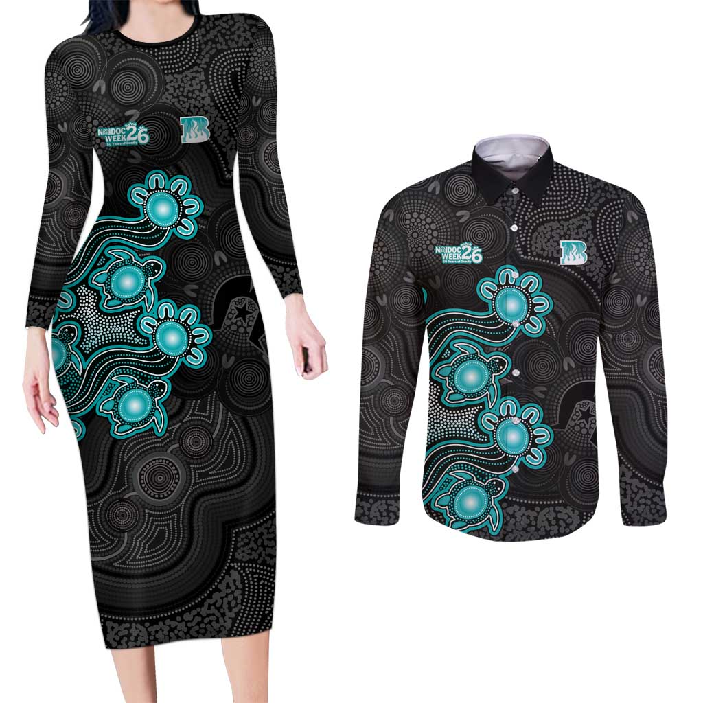 Personalised Brisbane Heat NAIDOC Week 2026 Couples Matching Long Sleeve Bodycon Dress and Long Sleeve Button Shirt Sea Turtles Aboriginal Art