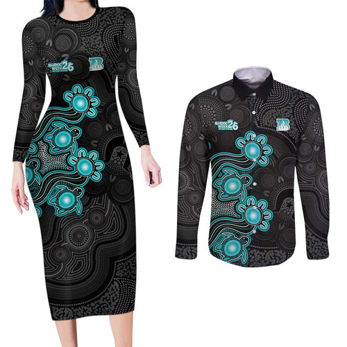 Personalised Brisbane Heat NAIDOC Week 2026 Couples Matching Long Sleeve Bodycon Dress and Long Sleeve Button Shirt Sea Turtles Aboriginal Art