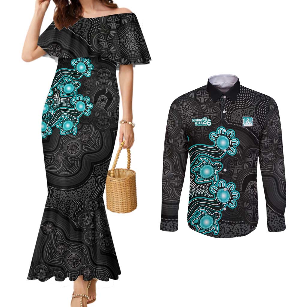 Personalised Brisbane Heat NAIDOC Week 2026 Couples Matching Mermaid Dress and Long Sleeve Button Shirt Sea Turtles Aboriginal Art