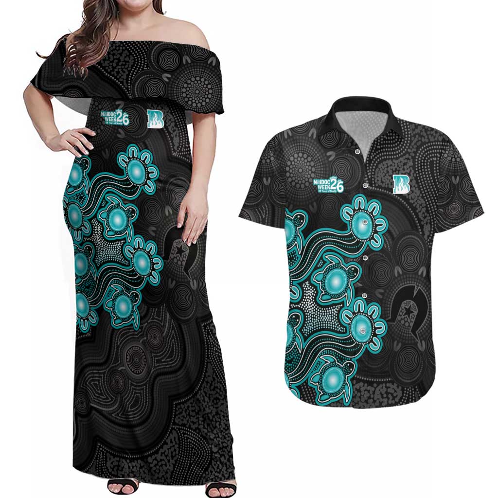 Personalised Brisbane Heat NAIDOC Week 2026 Couples Matching Off Shoulder Maxi Dress and Hawaiian Shirt Sea Turtles Aboriginal Art