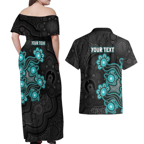 Personalised Brisbane Heat NAIDOC Week 2026 Couples Matching Off Shoulder Maxi Dress and Hawaiian Shirt Sea Turtles Aboriginal Art