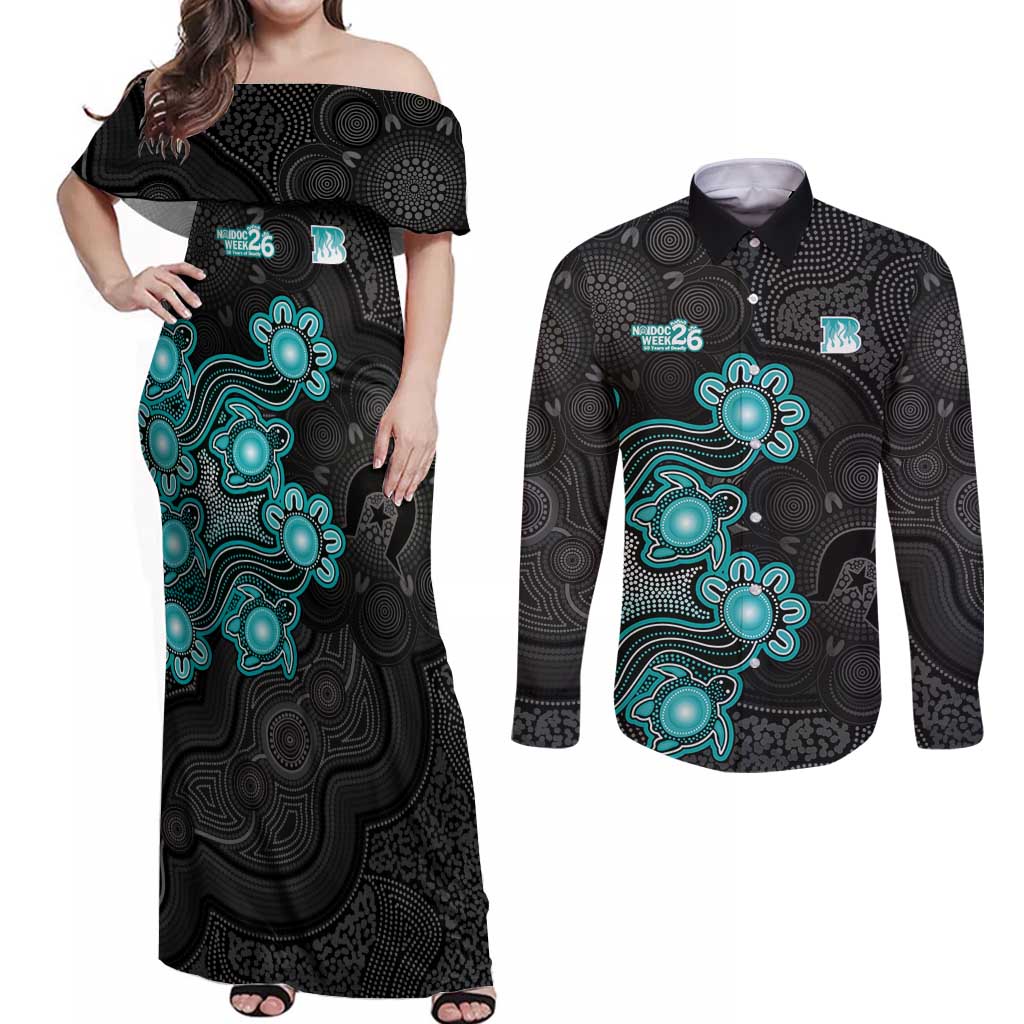 Personalised Brisbane Heat NAIDOC Week 2026 Couples Matching Off Shoulder Maxi Dress and Long Sleeve Button Shirt Sea Turtles Aboriginal Art
