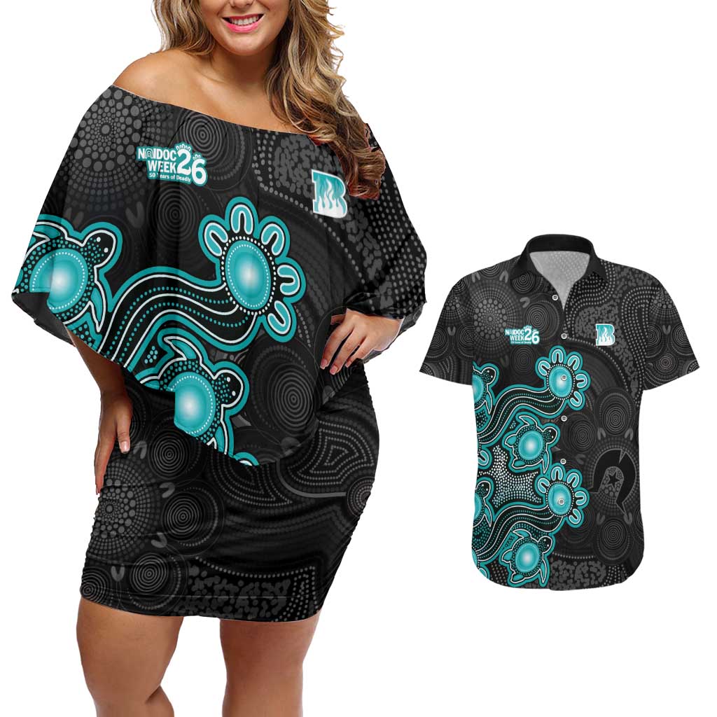 Personalised Brisbane Heat NAIDOC Week 2026 Couples Matching Off Shoulder Short Dress and Hawaiian Shirt Sea Turtles Aboriginal Art