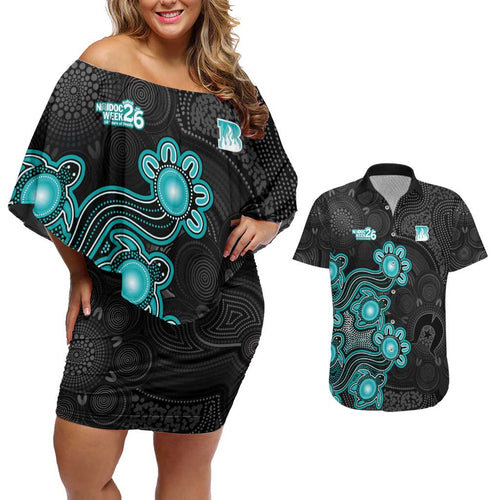 Personalised Brisbane Heat NAIDOC Week 2026 Couples Matching Off Shoulder Short Dress and Hawaiian Shirt Sea Turtles Aboriginal Art