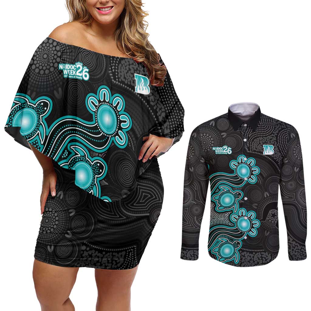 Personalised Brisbane Heat NAIDOC Week 2026 Couples Matching Off Shoulder Short Dress and Long Sleeve Button Shirt Sea Turtles Aboriginal Art