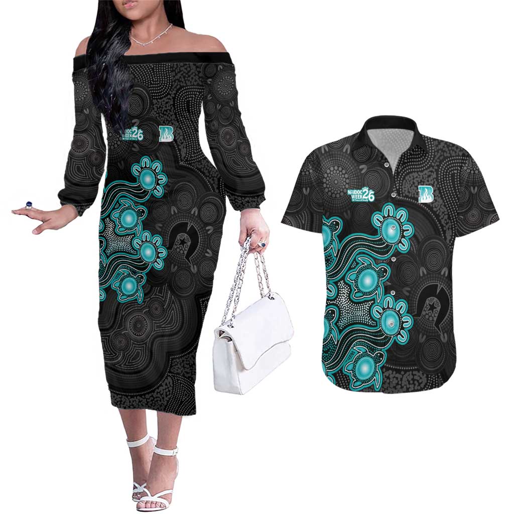 Personalised Brisbane Heat NAIDOC Week 2026 Couples Matching Off The Shoulder Long Sleeve Dress and Hawaiian Shirt Sea Turtles Aboriginal Art