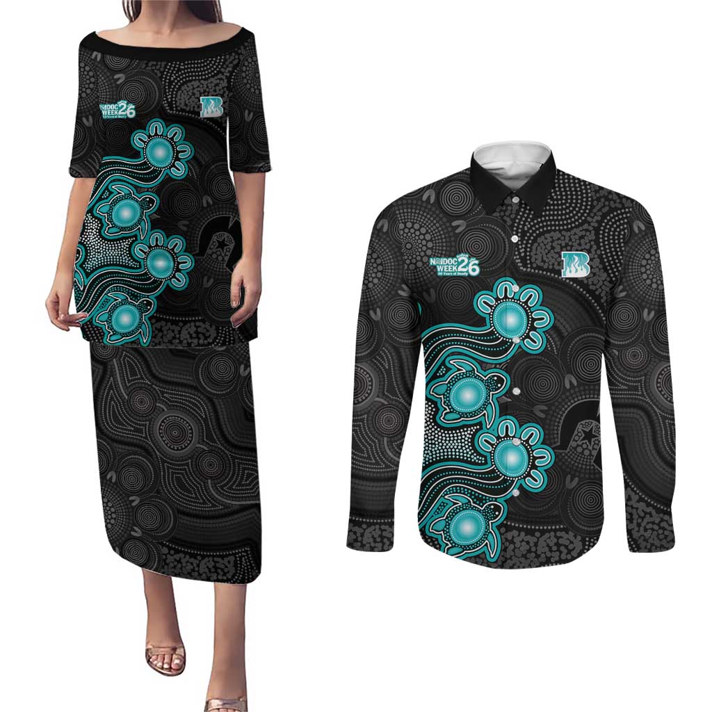 Personalised Brisbane Heat NAIDOC Week 2026 Couples Matching Puletasi and Long Sleeve Button Shirt Sea Turtles Aboriginal Art