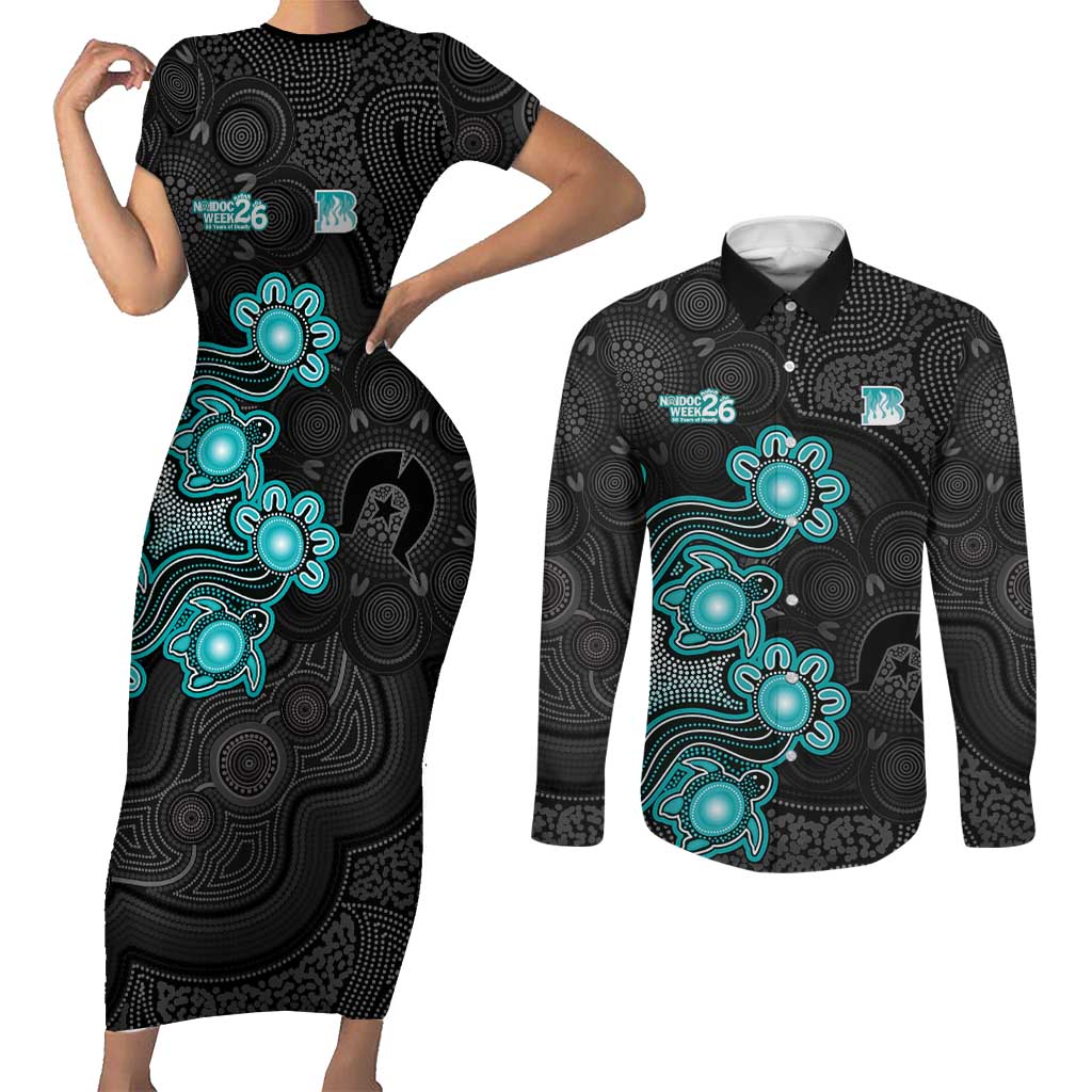 Personalised Brisbane Heat NAIDOC Week 2026 Couples Matching Short Sleeve Bodycon Dress and Long Sleeve Button Shirt Sea Turtles Aboriginal Art