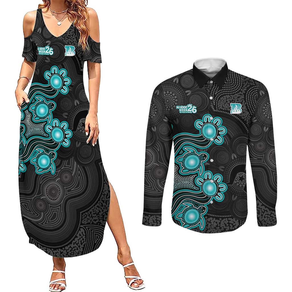 Personalised Brisbane Heat NAIDOC Week 2026 Couples Matching Summer Maxi Dress and Long Sleeve Button Shirt Sea Turtles Aboriginal Art