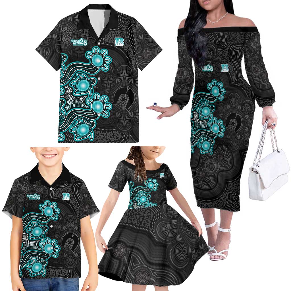 Personalised Brisbane Heat NAIDOC Week 2026 Family Matching Off The Shoulder Long Sleeve Dress and Hawaiian Shirt Sea Turtles Aboriginal Art