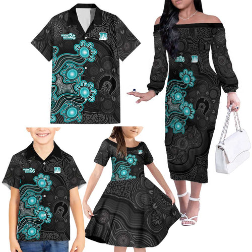 Personalised Brisbane Heat NAIDOC Week 2026 Family Matching Off The Shoulder Long Sleeve Dress and Hawaiian Shirt Sea Turtles Aboriginal Art