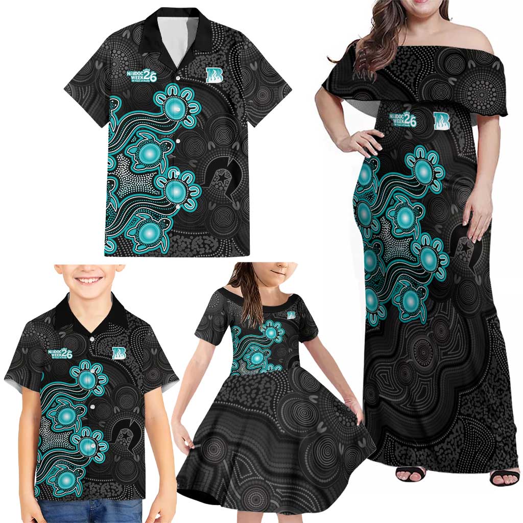 Personalised Brisbane Heat NAIDOC Week 2026 Family Matching Off Shoulder Maxi Dress and Hawaiian Shirt Sea Turtles Aboriginal Art