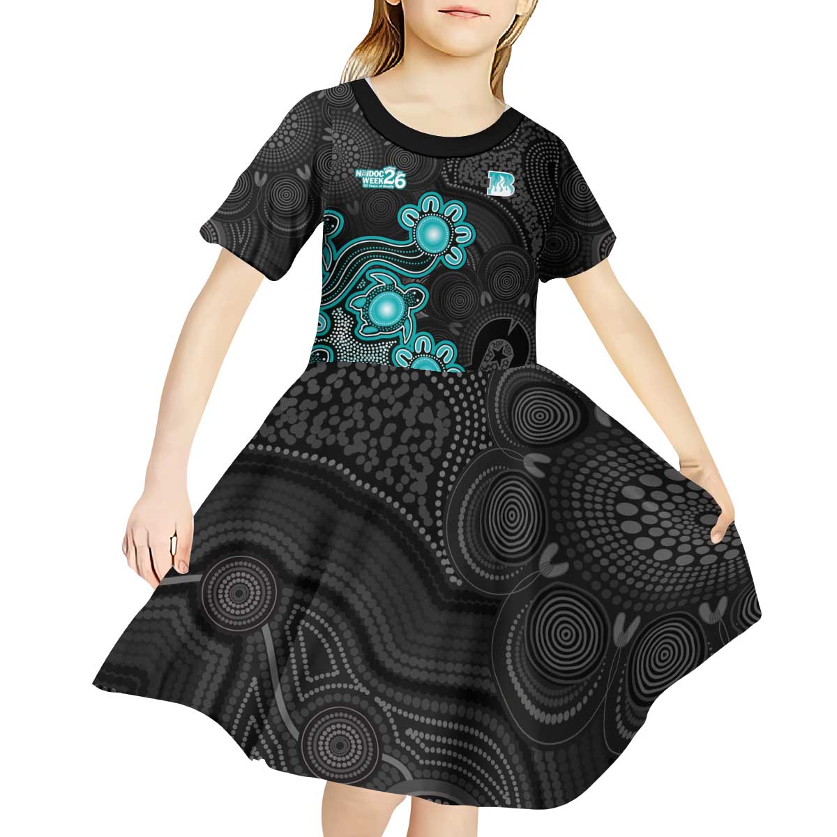 Personalised Brisbane Heat NAIDOC Week 2026 Kid Short Sleeve Dress Sea Turtles Aboriginal Art