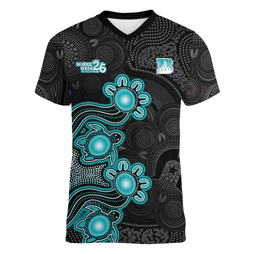Personalised Brisbane Heat NAIDOC Week 2026 Women V-Neck T-Shirt Sea Turtles Aboriginal Art
