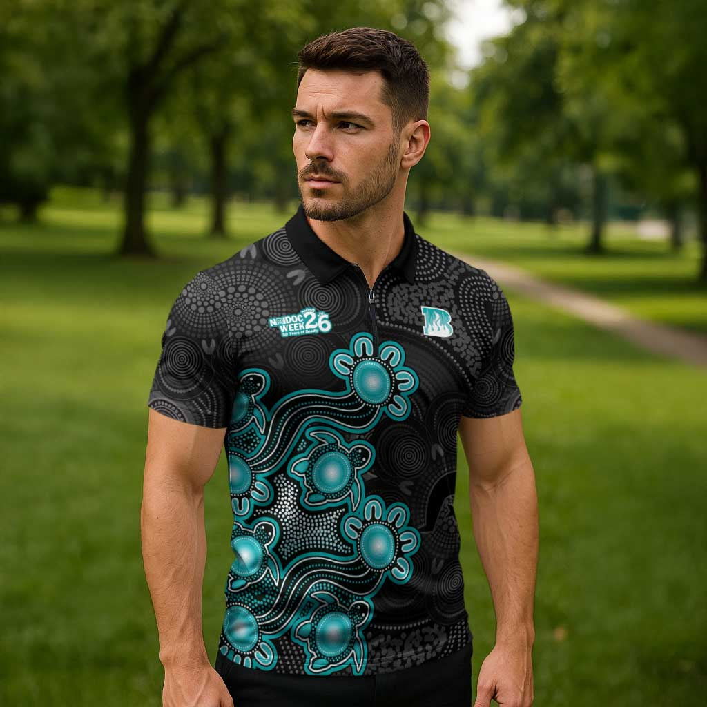 Personalised Brisbane Heat NAIDOC Week 2026 Zipper Polo Shirt Sea Turtles Aboriginal Art