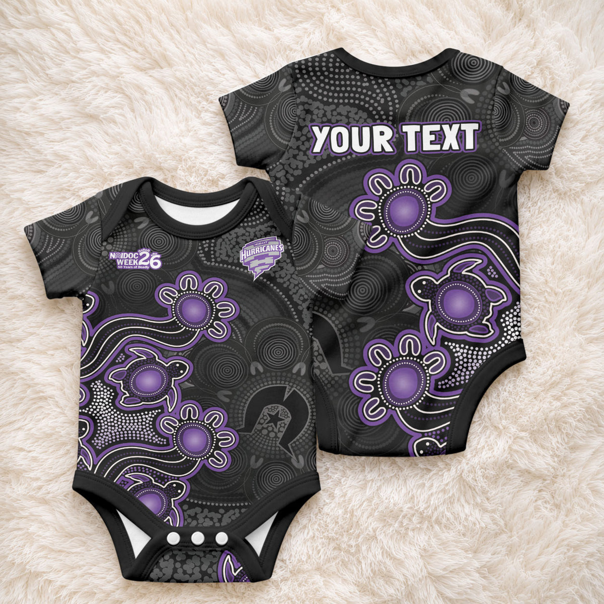 Personalised Hobart Hurricanes NAIDOC Week 2026 Baby Onesie Sea Turtles Aboriginal Art