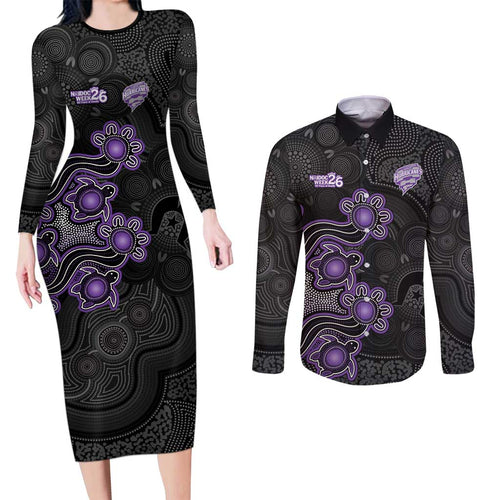 Personalised Hobart Hurricanes NAIDOC Week 2026 Couples Matching Long Sleeve Bodycon Dress and Long Sleeve Button Shirt Sea Turtles Aboriginal Art