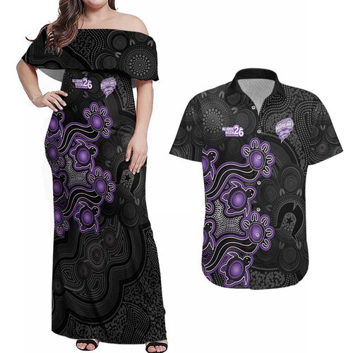 Personalised Hobart Hurricanes NAIDOC Week 2026 Couples Matching Off Shoulder Maxi Dress and Hawaiian Shirt Sea Turtles Aboriginal Art