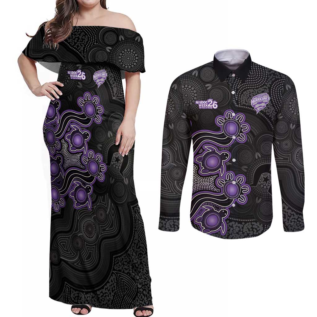 Personalised Hobart Hurricanes NAIDOC Week 2026 Couples Matching Off Shoulder Maxi Dress and Long Sleeve Button Shirt Sea Turtles Aboriginal Art