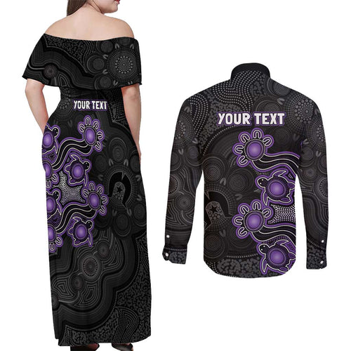 Personalised Hobart Hurricanes NAIDOC Week 2026 Couples Matching Off Shoulder Maxi Dress and Long Sleeve Button Shirt Sea Turtles Aboriginal Art