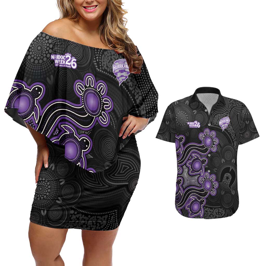 Personalised Hobart Hurricanes NAIDOC Week 2026 Couples Matching Off Shoulder Short Dress and Hawaiian Shirt Sea Turtles Aboriginal Art