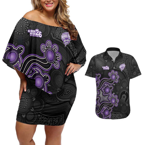 Personalised Hobart Hurricanes NAIDOC Week 2026 Couples Matching Off Shoulder Short Dress and Hawaiian Shirt Sea Turtles Aboriginal Art
