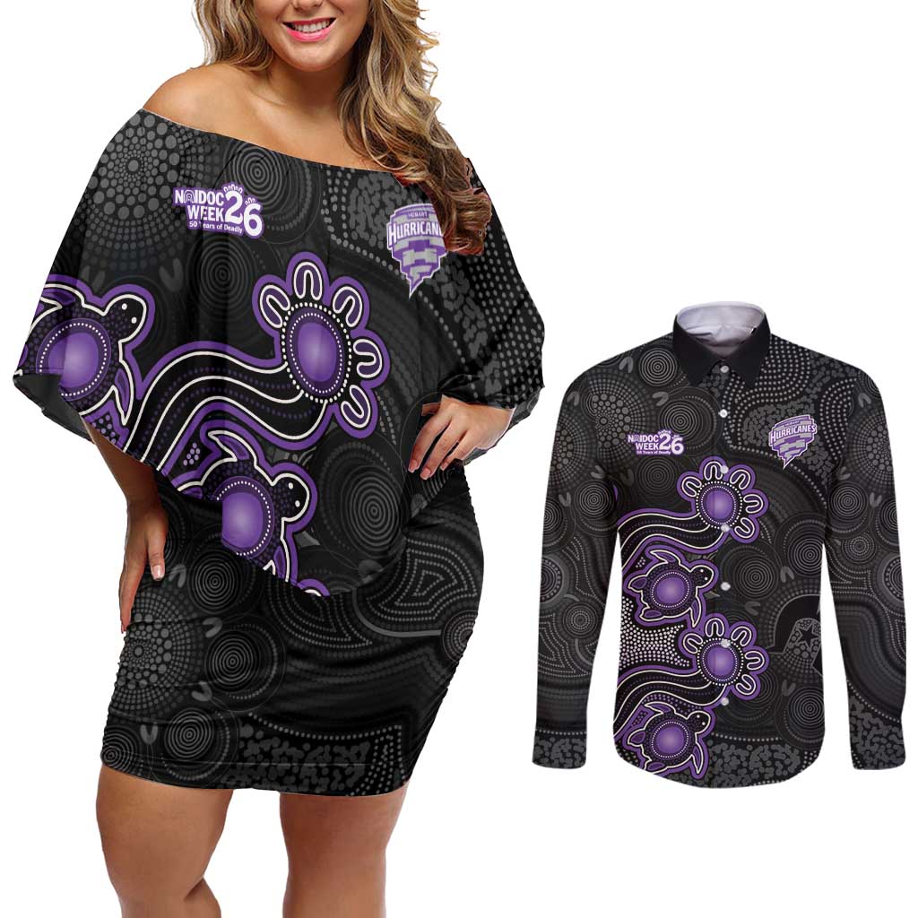 Personalised Hobart Hurricanes NAIDOC Week 2026 Couples Matching Off Shoulder Short Dress and Long Sleeve Button Shirt Sea Turtles Aboriginal Art
