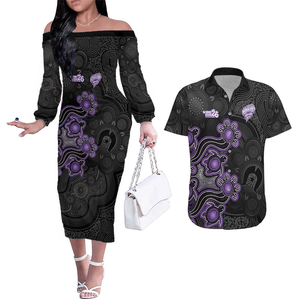 Personalised Hobart Hurricanes NAIDOC Week 2026 Couples Matching Off The Shoulder Long Sleeve Dress and Hawaiian Shirt Sea Turtles Aboriginal Art
