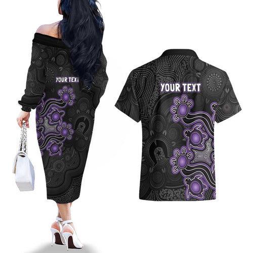 Personalised Hobart Hurricanes NAIDOC Week 2026 Couples Matching Off The Shoulder Long Sleeve Dress and Hawaiian Shirt Sea Turtles Aboriginal Art