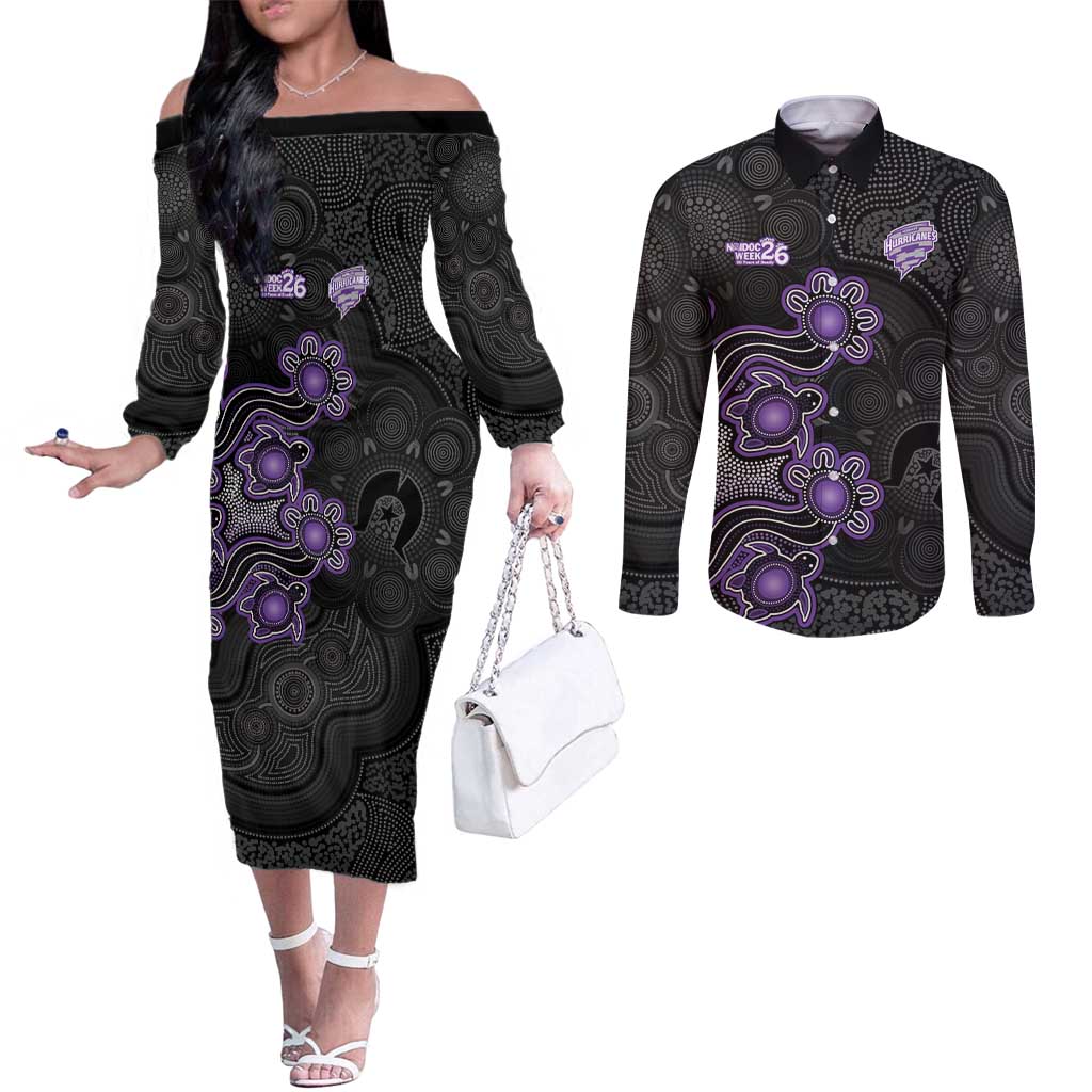Personalised Hobart Hurricanes NAIDOC Week 2026 Couples Matching Off The Shoulder Long Sleeve Dress and Long Sleeve Button Shirt Sea Turtles Aboriginal Art