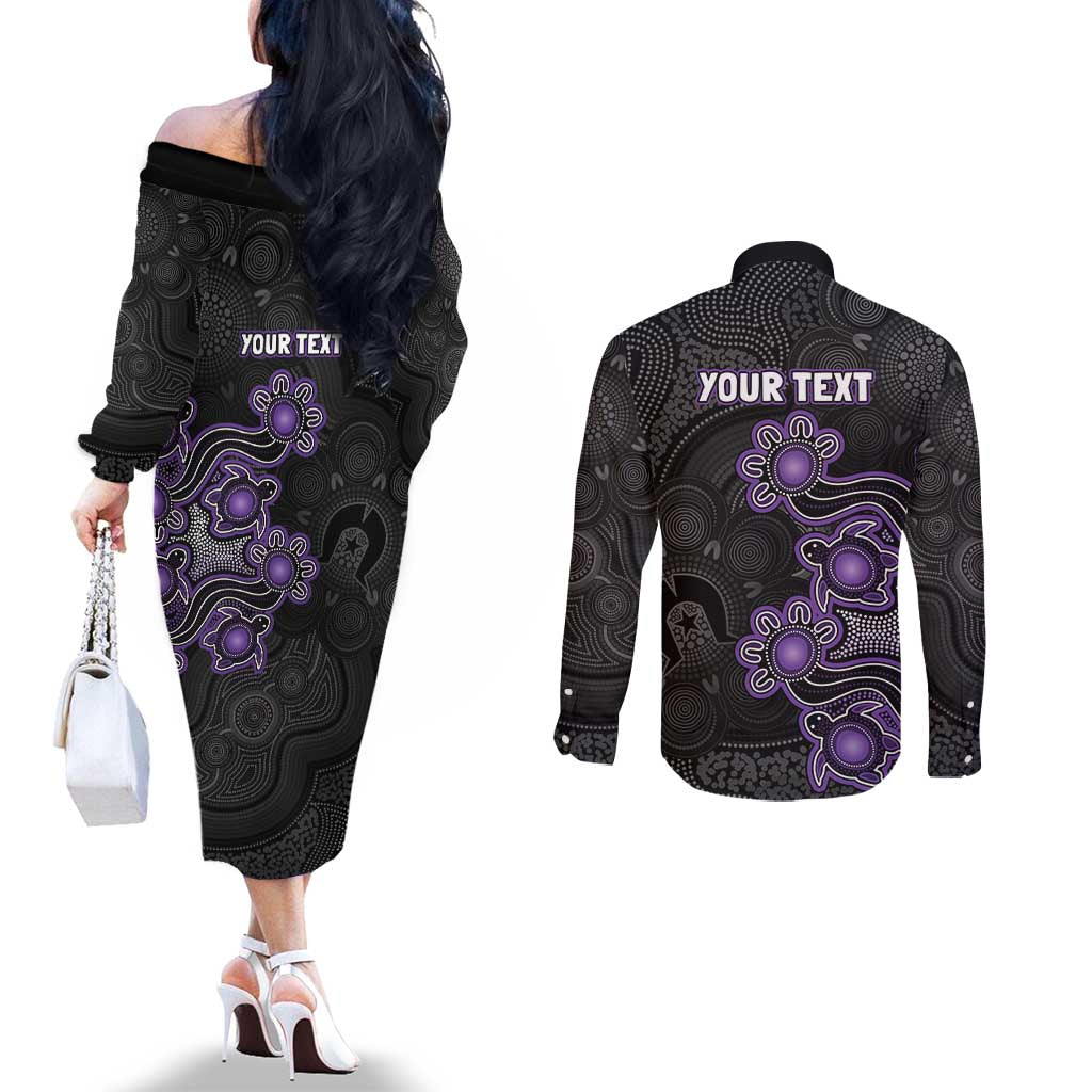 Personalised Hobart Hurricanes NAIDOC Week 2026 Couples Matching Off The Shoulder Long Sleeve Dress and Long Sleeve Button Shirt Sea Turtles Aboriginal Art