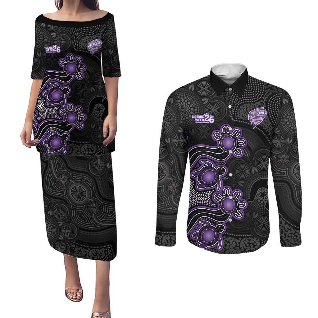 Personalised Hobart Hurricanes NAIDOC Week 2026 Couples Matching Puletasi and Long Sleeve Button Shirt Sea Turtles Aboriginal Art