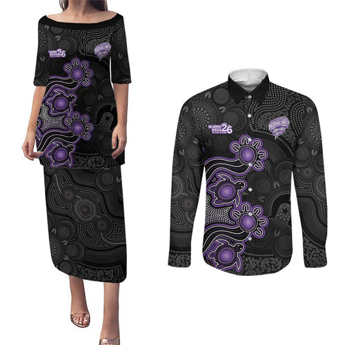 Personalised Hobart Hurricanes NAIDOC Week 2026 Couples Matching Puletasi and Long Sleeve Button Shirt Sea Turtles Aboriginal Art