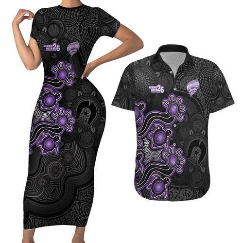 Personalised Hobart Hurricanes NAIDOC Week 2026 Couples Matching Short Sleeve Bodycon Dress and Hawaiian Shirt Sea Turtles Aboriginal Art