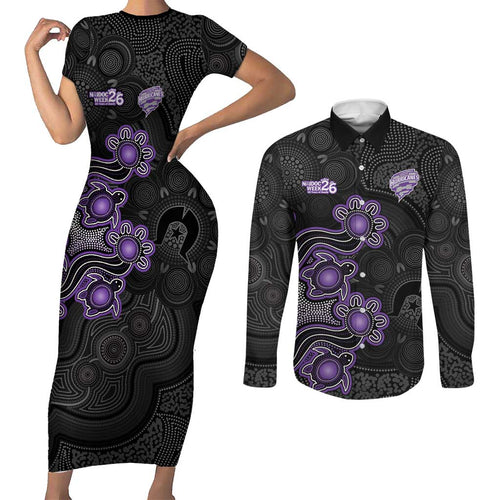 Personalised Hobart Hurricanes NAIDOC Week 2026 Couples Matching Short Sleeve Bodycon Dress and Long Sleeve Button Shirt Sea Turtles Aboriginal Art