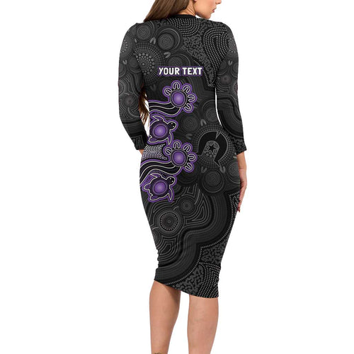 Personalised Hobart Hurricanes NAIDOC Week 2026 Long Sleeve Bodycon Dress Sea Turtles Aboriginal Art