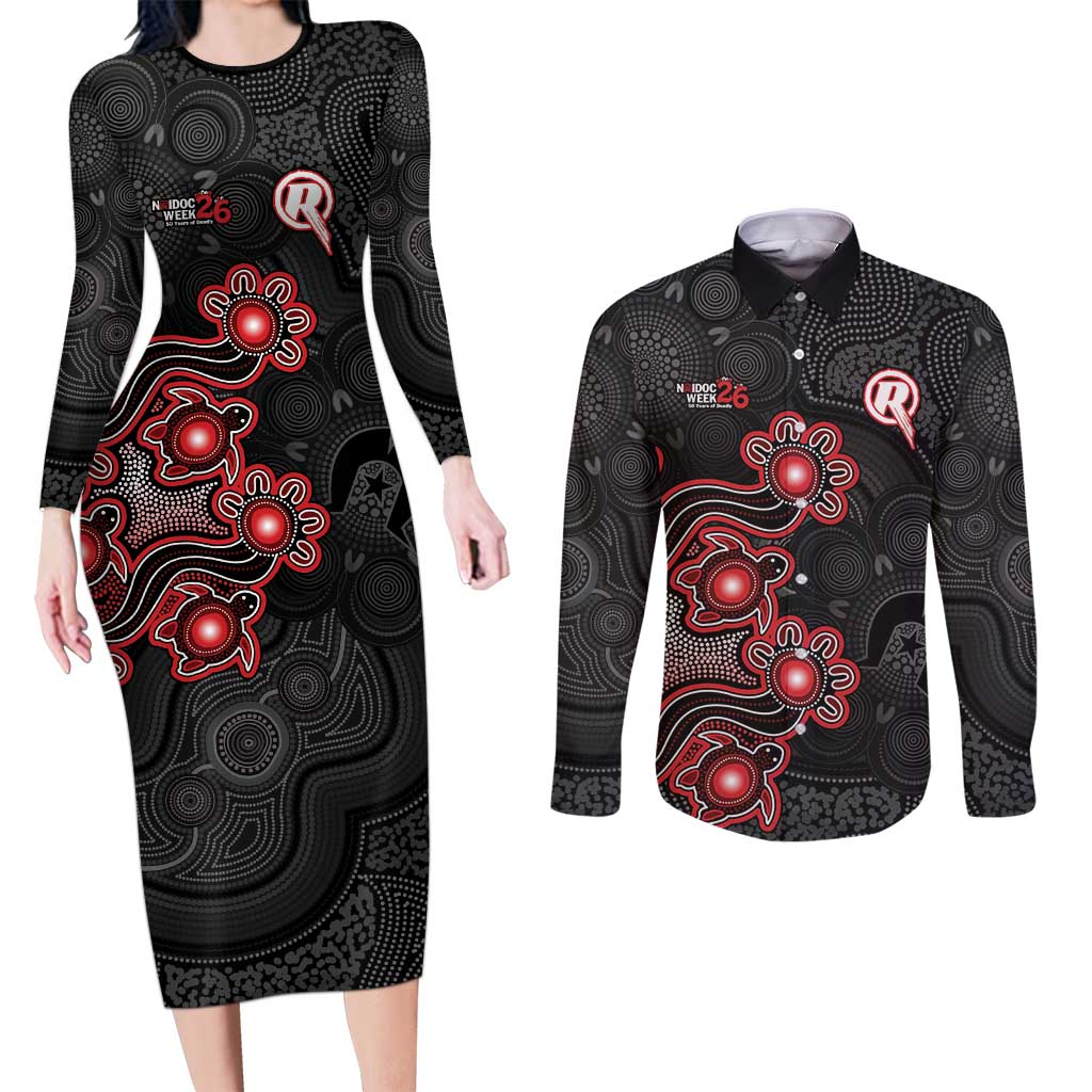Personalised Melbourne Renegades NAIDOC Week 2026 Couples Matching Long Sleeve Bodycon Dress and Long Sleeve Button Shirt Sea Turtles Aboriginal Art