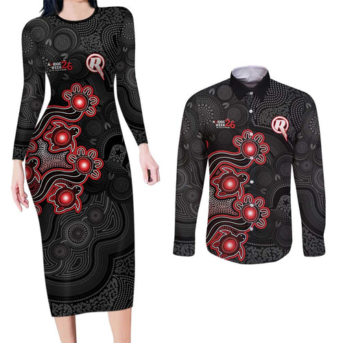 Personalised Melbourne Renegades NAIDOC Week 2026 Couples Matching Long Sleeve Bodycon Dress and Long Sleeve Button Shirt Sea Turtles Aboriginal Art