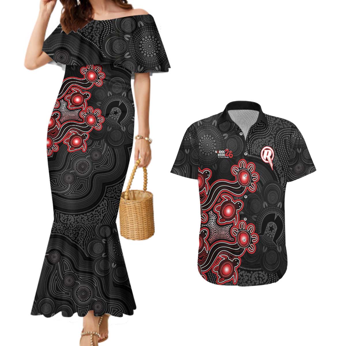 Personalised Melbourne Renegades NAIDOC Week 2026 Couples Matching Mermaid Dress and Hawaiian Shirt Sea Turtles Aboriginal Art