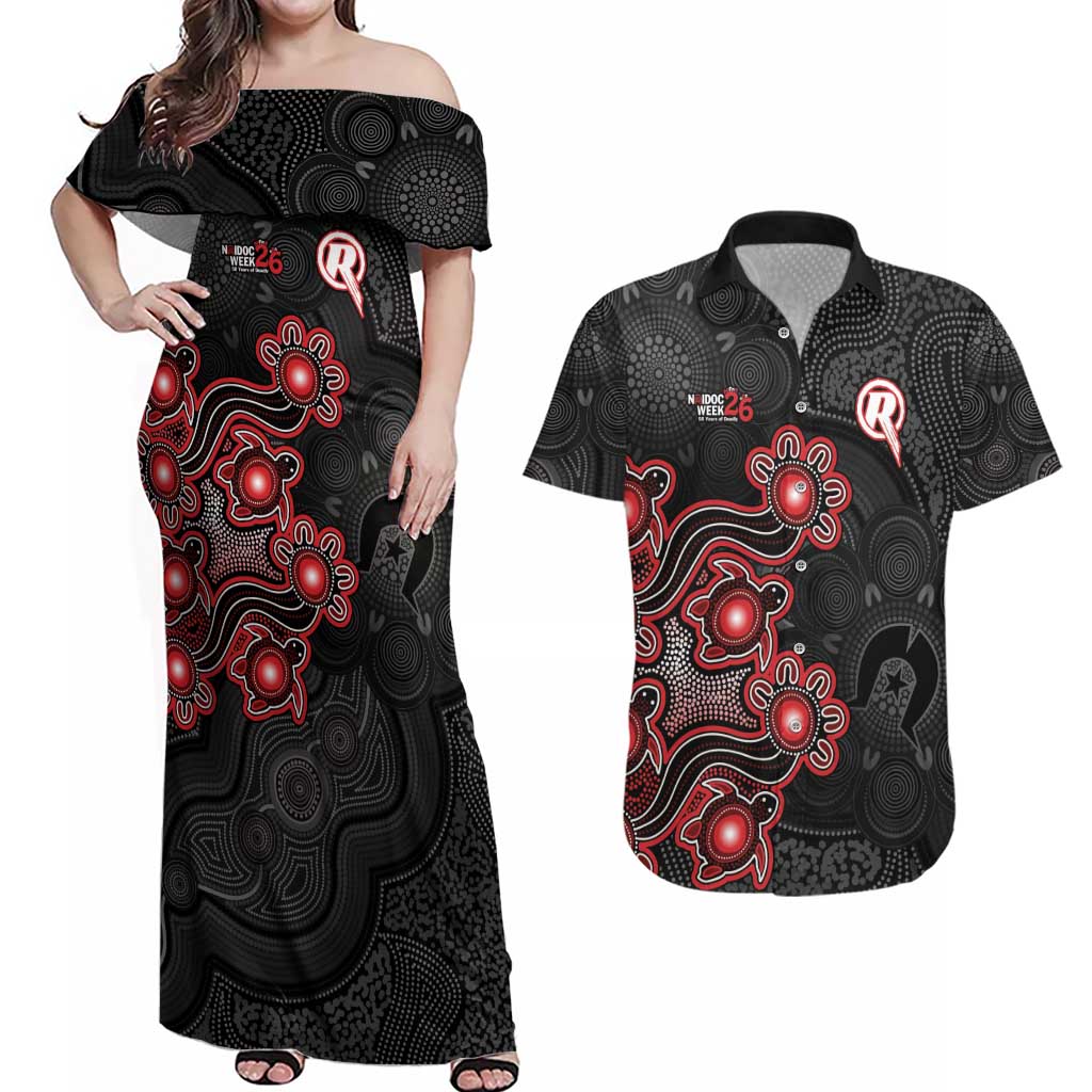 Personalised Melbourne Renegades NAIDOC Week 2026 Couples Matching Off Shoulder Maxi Dress and Hawaiian Shirt Sea Turtles Aboriginal Art