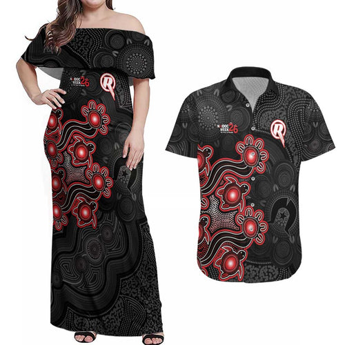 Personalised Melbourne Renegades NAIDOC Week 2026 Couples Matching Off Shoulder Maxi Dress and Hawaiian Shirt Sea Turtles Aboriginal Art